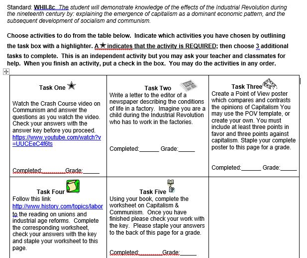 Preview of Choice Board/Task Sheet on Capitalism & Socialism