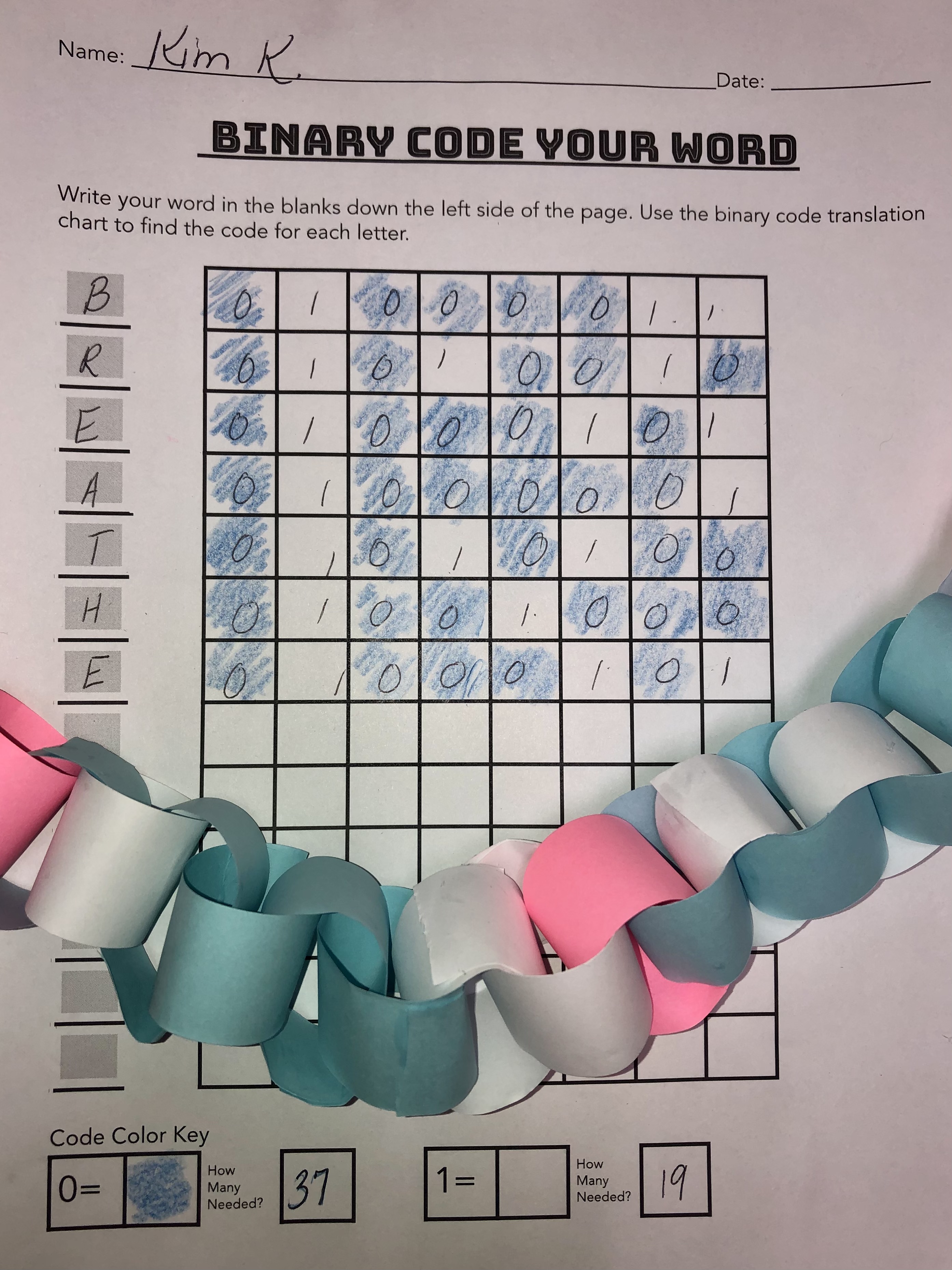 photo of Binary Code Your Word sheet with paper chain example