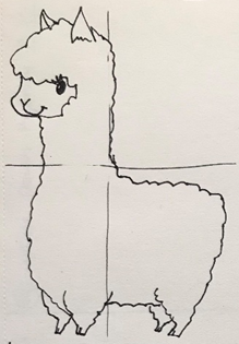 This image is a drawing of a cute llama outline. It has been divided in half vertically and horizontally to create a simple grid.