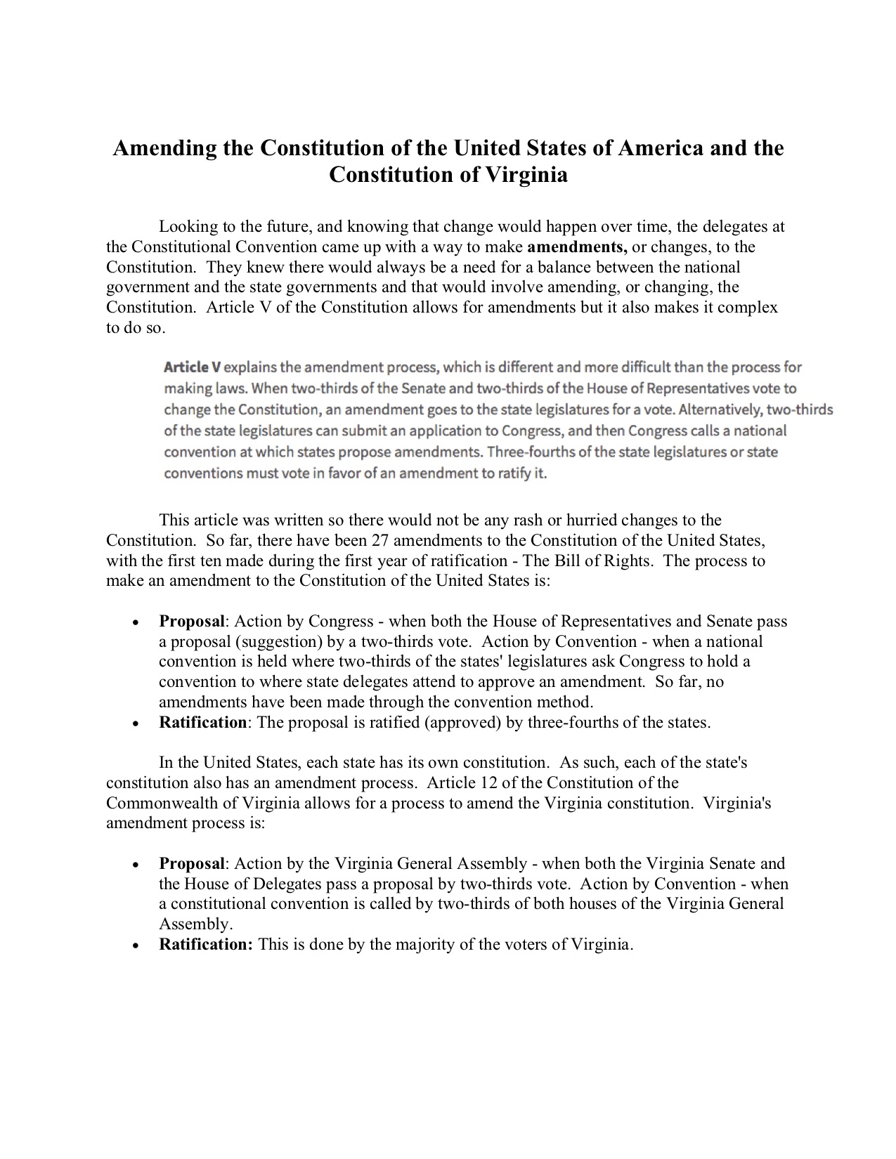 Brief description of the amendment process of the Constitution of the United States and the Constitution of Virginia.